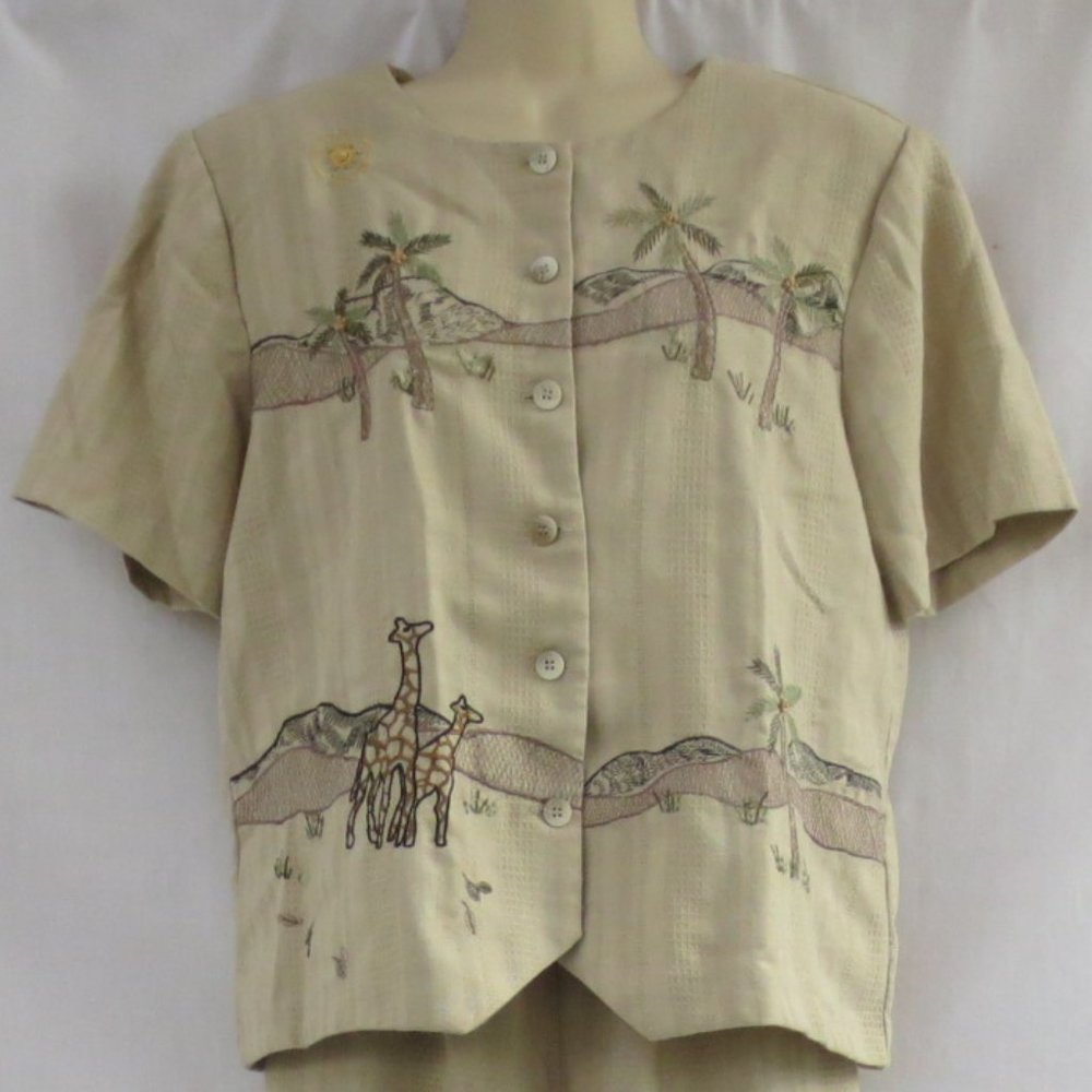 alfred dunner Pantsuit Tan Green Brown Vintage Embroidered Safari Scene Size 10
